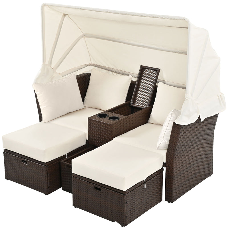 2 Seater Outdoor Patio Daybed Outdoor Double Daybed Outdoor Loveseat Sofa Set With Foldable Awning And Cushions For Garden, Balcony, Poolside