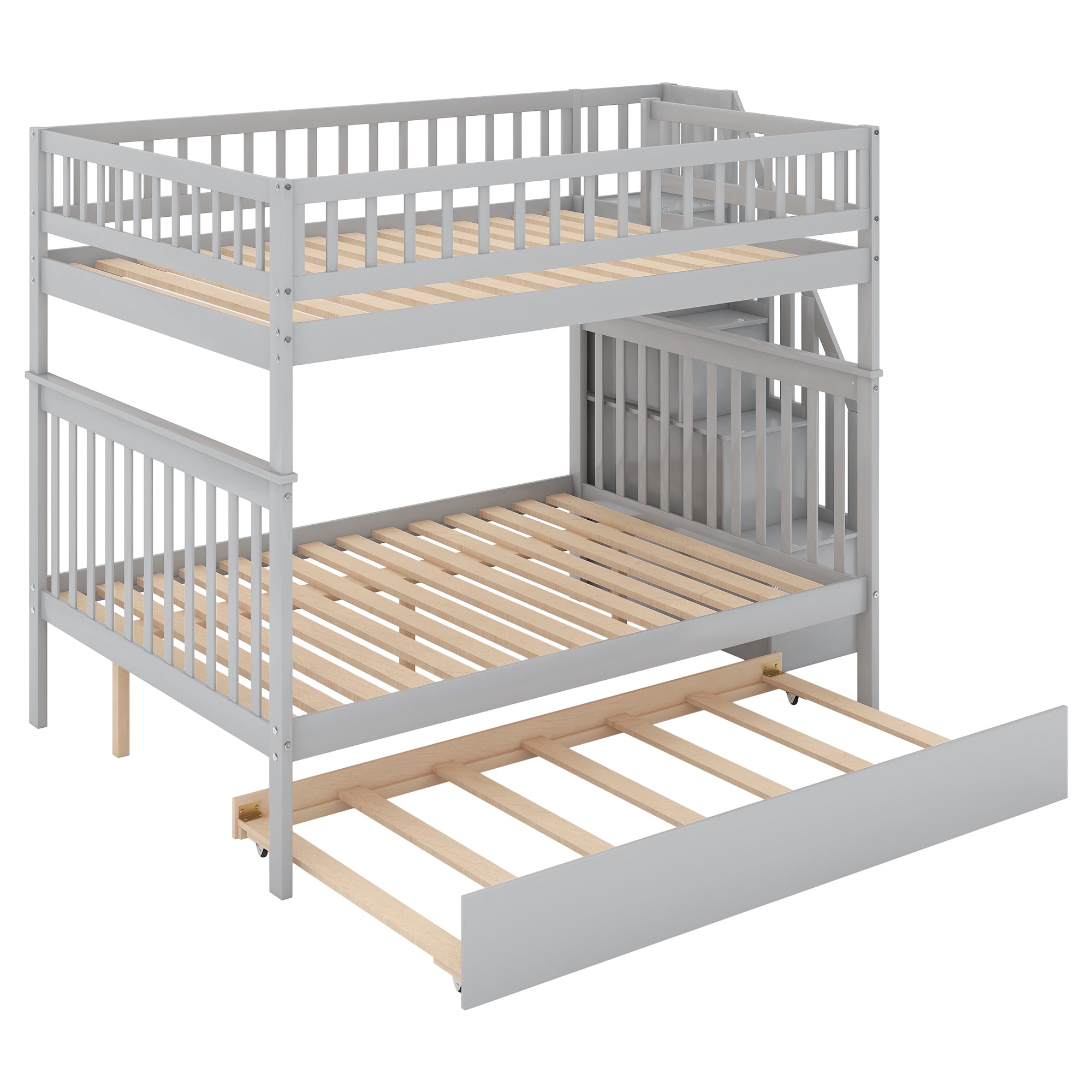 Full over Full Bunk Bed with Trundle and Staircase,Gray - Atlantic Fine Furniture Melbourne FL