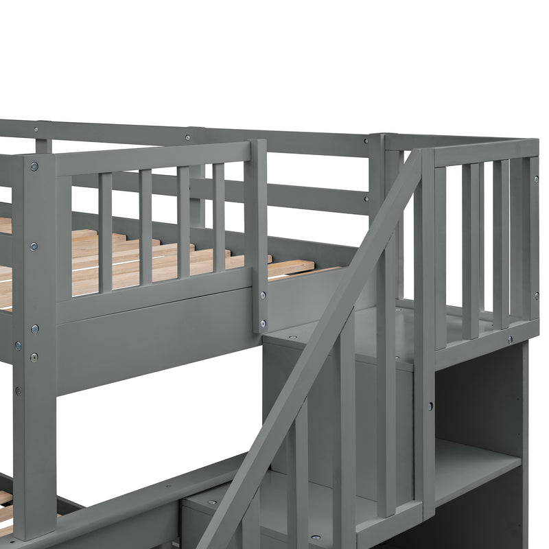 Stairway Twin-Over-Full Bunk Bed with Twin size Trundle, Storage and Guard Rail for Bedroom, Dorm, for Adults, Gray(OLD SKU :LT000119AAE)