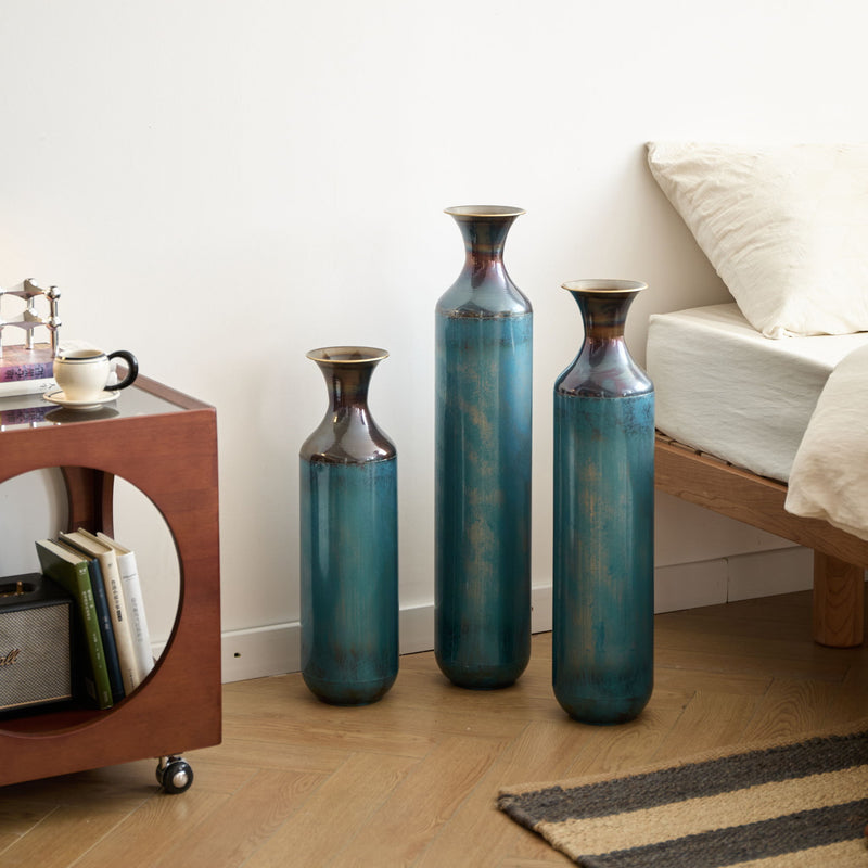 Modern Droplet Shaped Floor Vase Set, Glazed Metal Decorative Vases 3 Piece Home Decor - Aqua Blue