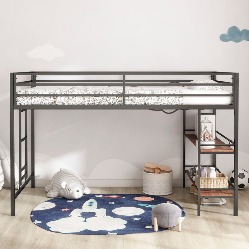 Adam - Junior Twin Loft Bunk Bed With Cinnamon Wood Shelf - Black