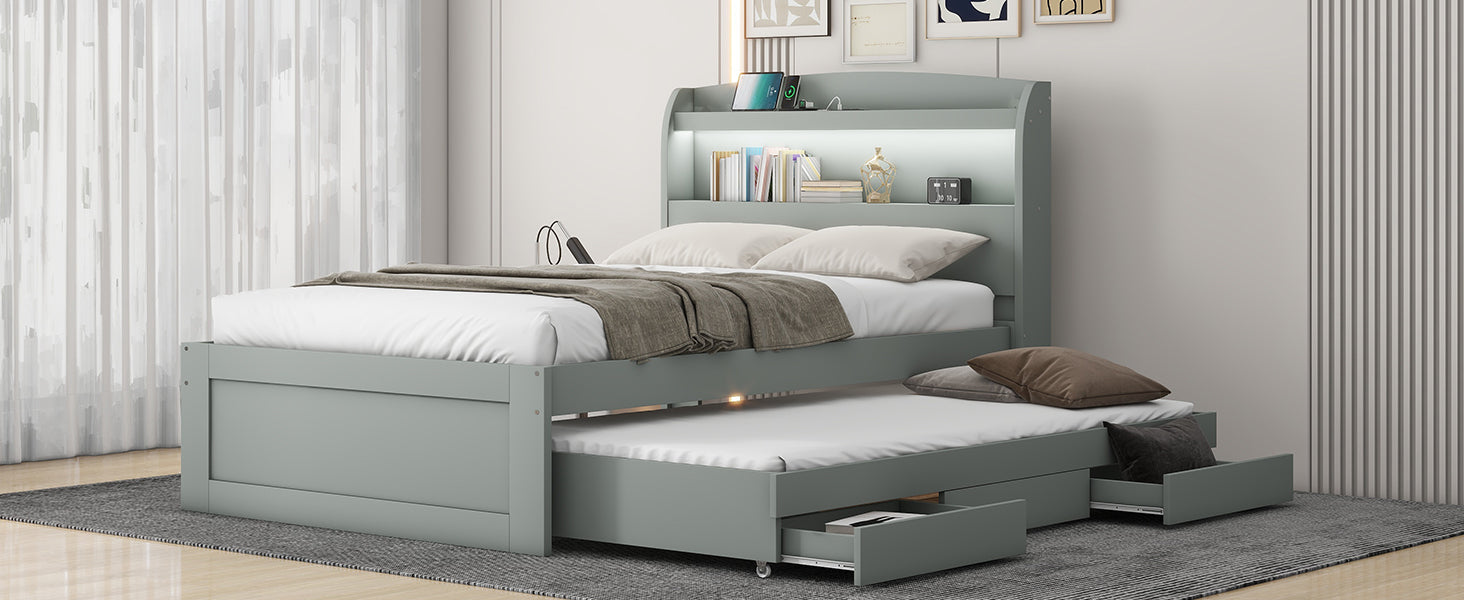 Twin XL Size Platform Bed with Storage LED Headboard, Charging Station, Twin Size Trundle and 2 Drawers, Gray - Atlantic Fine Furniture Melbourne FL