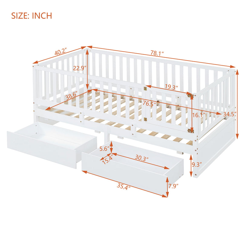 Daybed With Fence Guardrails And 2 Drawers, Split Into Independent Floor Bed & Daybed