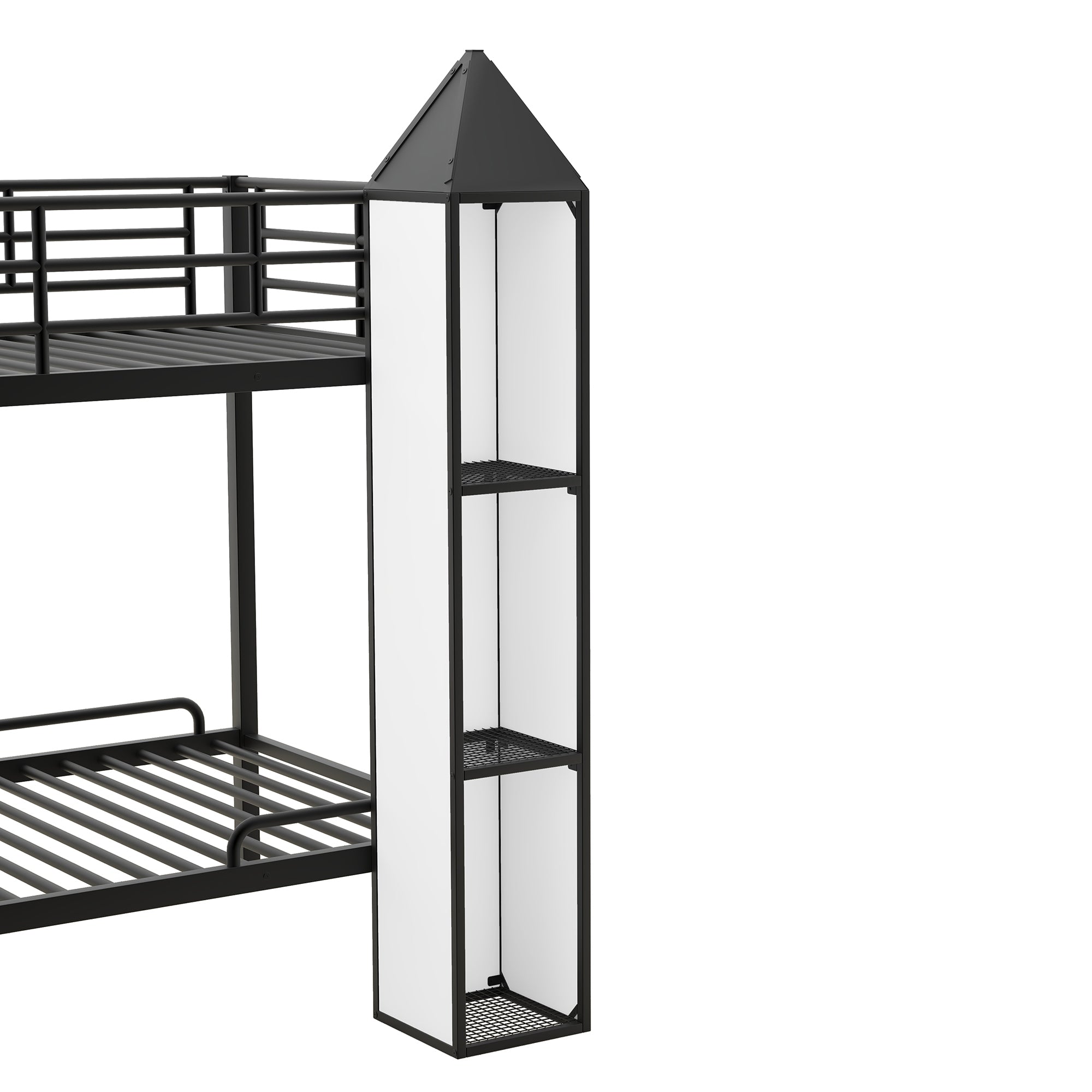 Metal Twin over Twin Castle-shaped Bunk Bed with Wardrobe and Multiple Storage, Black+White - Atlantic Fine Furniture Melbourne FL