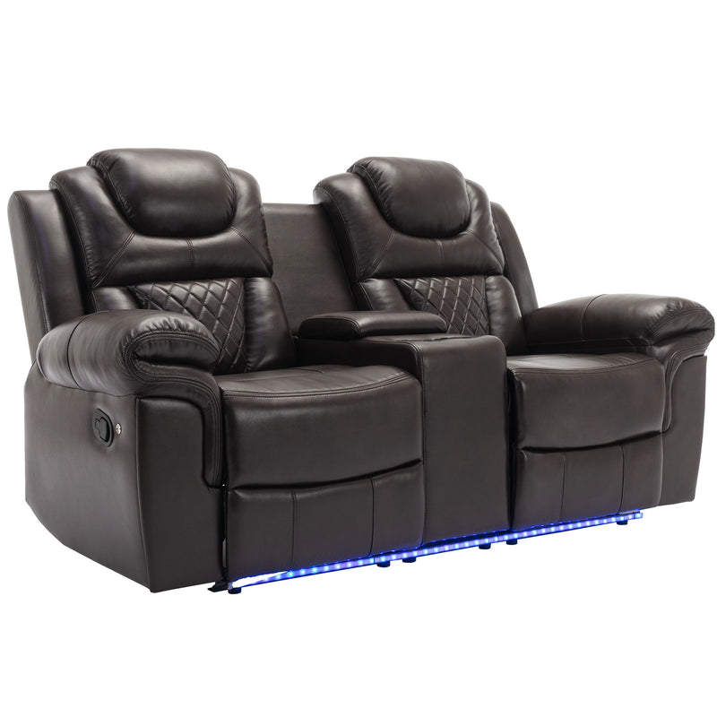 3 Pieces Recliner Sofa Sets Home Theater Seating Manual Recliner Chair With Center Console And Led Light Strip For Living Room