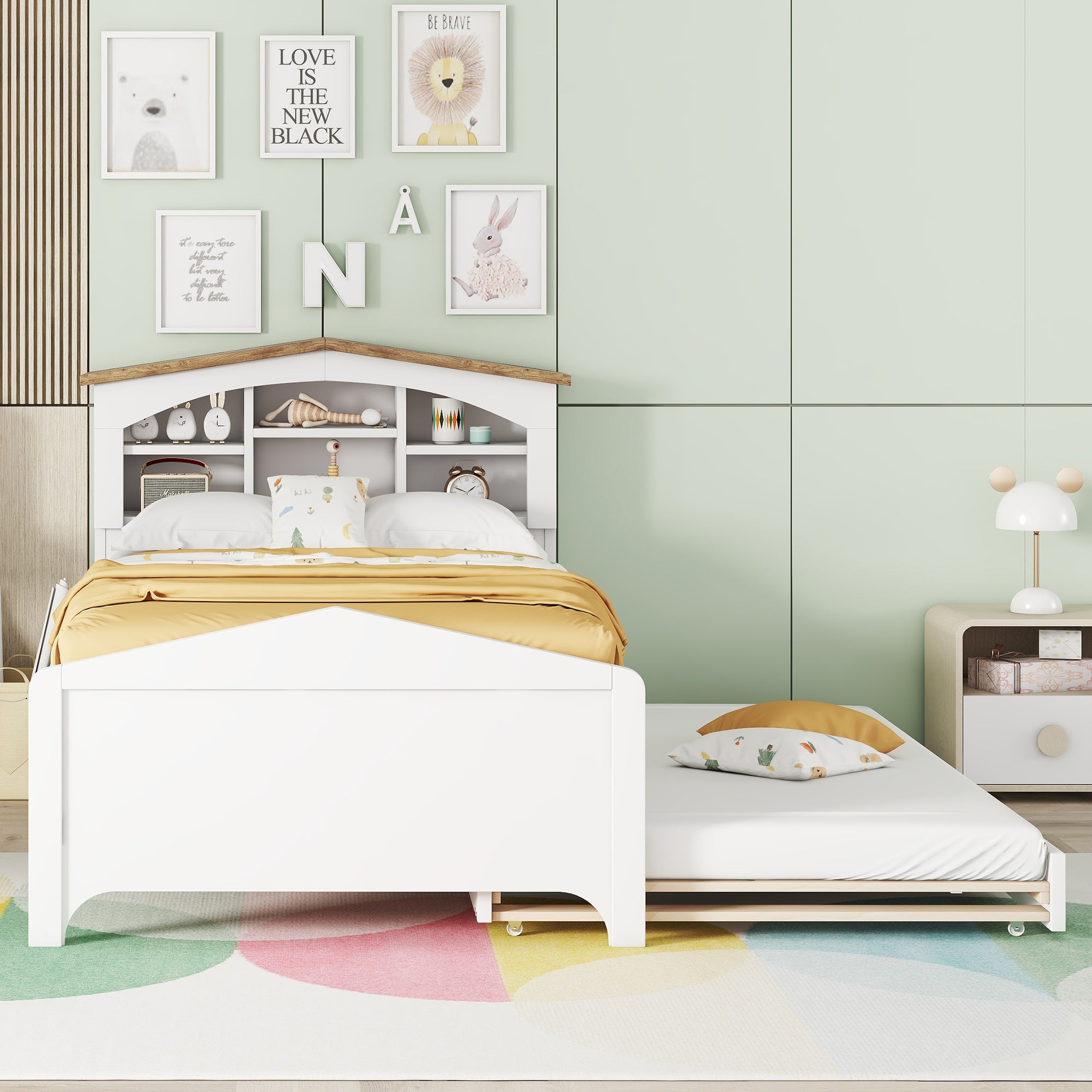 Twin Size Wood Platform Bed with House-shaped Storage Headboard and Trundle, White - Atlantic Fine Furniture Melbourne FL