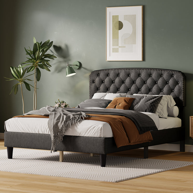 Queen size Adjustable Headboard with Fine Linen Upholstery and Button Tufting for Bedroom,  Wave Top  Dark Grey