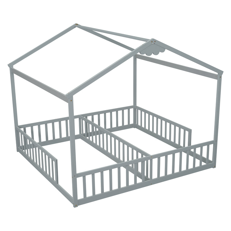 Double Twin House-Style Floor Bed with Fence, Guardrails, without door, Grey