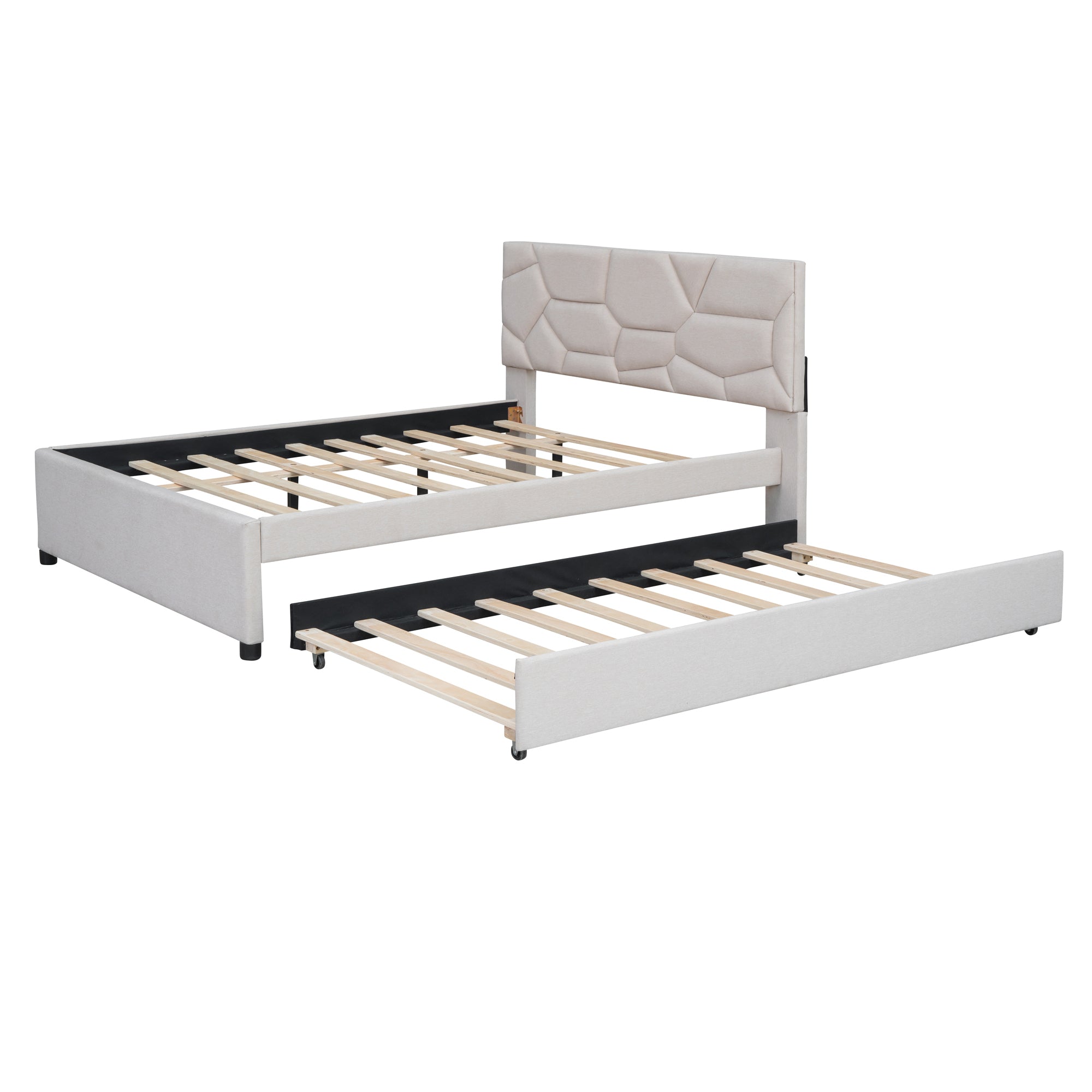 Full Size Upholstered Platform Bed with Brick Pattern Headboard and Twin Size Trundle, Linen Fabric, Beige - Atlantic Fine Furniture Melbourne FL