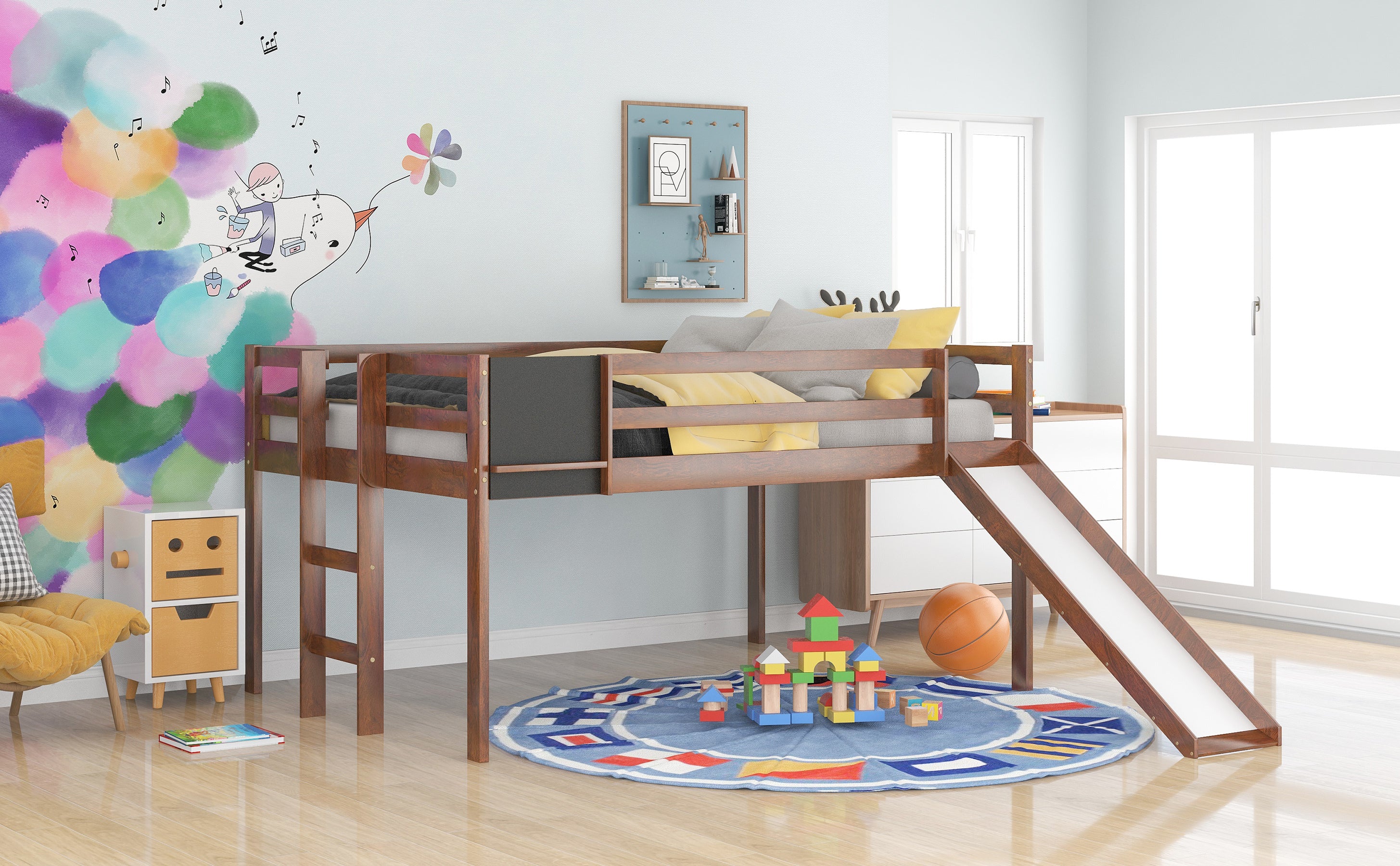 Full size Loft Bed Wood Bed with Slide, Stair and Chalkboard,Walnut(Old SKU:WF282116AAL) - Atlantic Fine Furniture Melbourne FL
