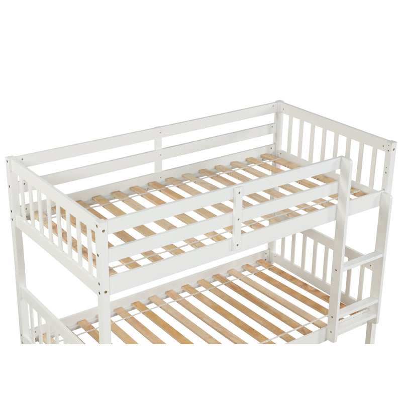 Twin Over Twin Bunk Beds with Trundle, Solid Wood Trundle Bed Frame with Safety Rail and Ladder, Kids/Teens Bedroom, Guest Room Furniture, Can Be converted into 2 Beds, White (Old Sku:W504S00028)