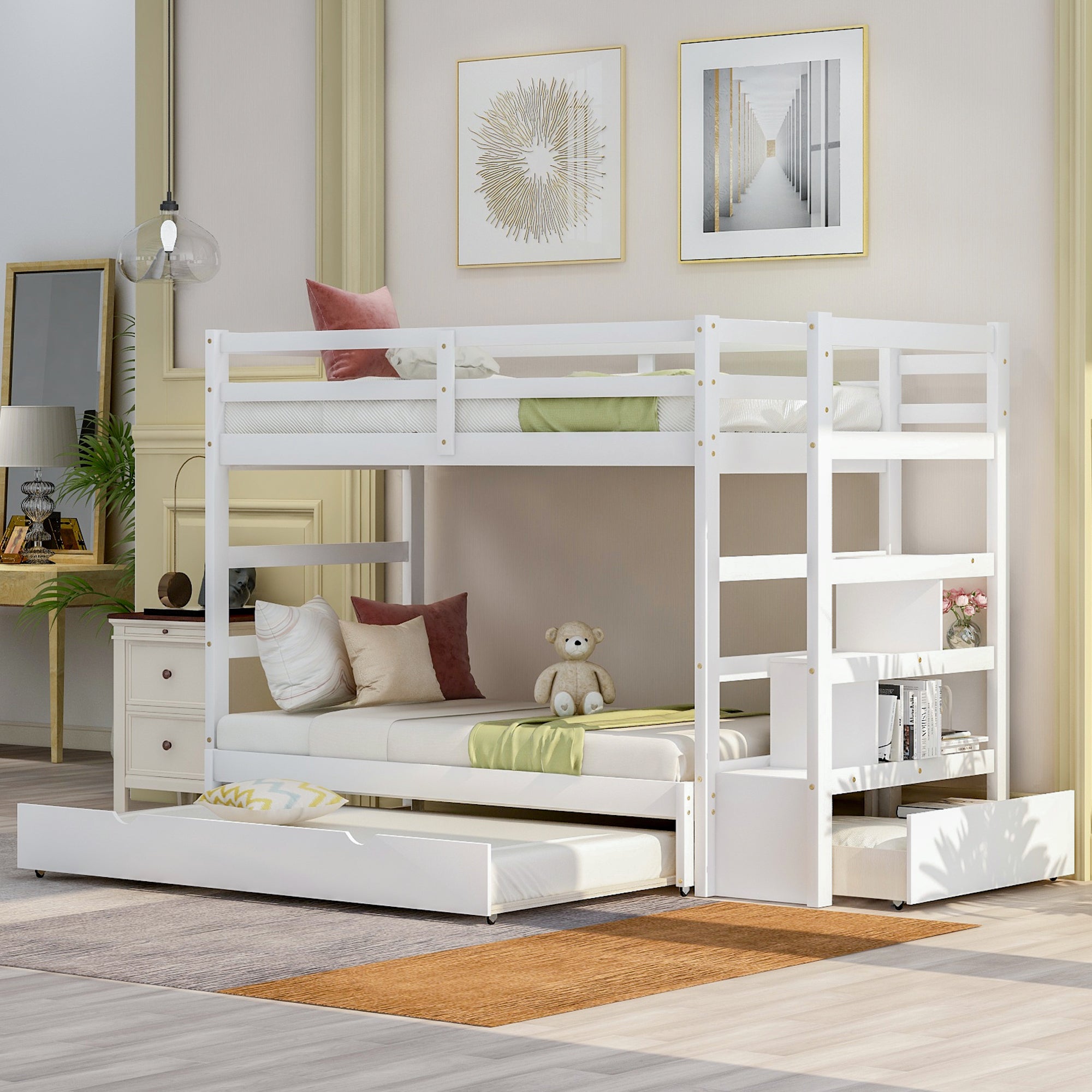 Twin over Twin/King (Irregular King Size) Bunk Bed with Twin Size Trundle, Extendable Bunk Bed   (White)(OLD SKU :LP000032AAK) - Atlantic Fine Furniture Melbourne FL