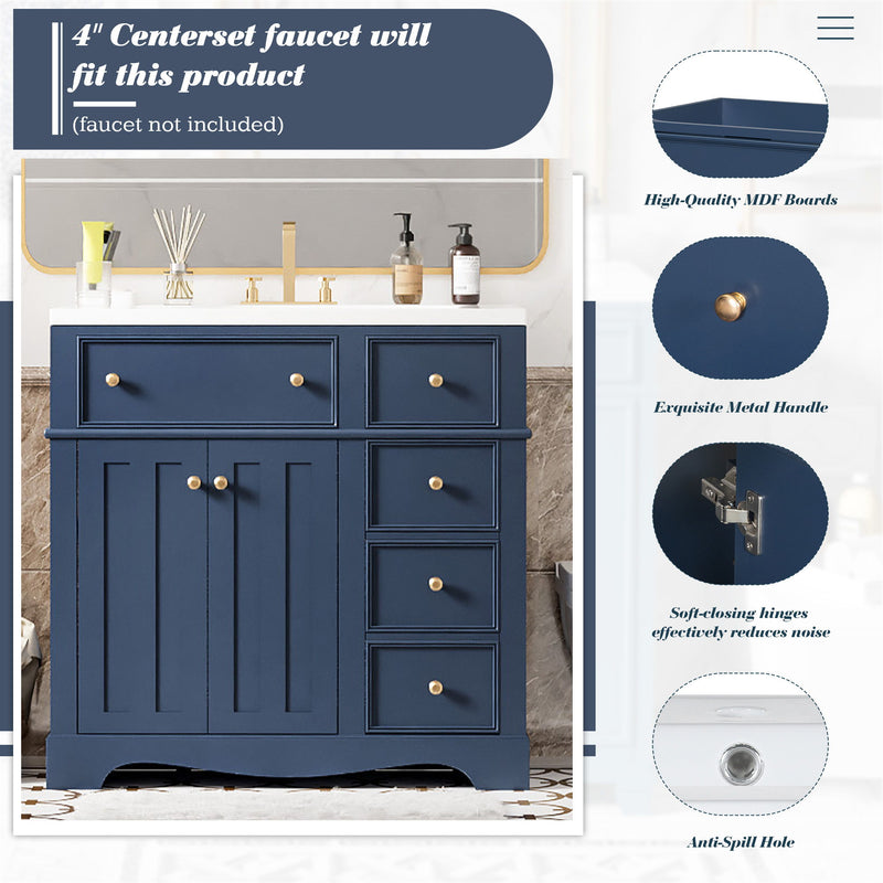 Bathroom Vanity With Resin Sink Combo, Frame Bathroom Storage Cabinet, Freestanding Vanity Set With 3 Drawers & Adjustable Shelf - Blue