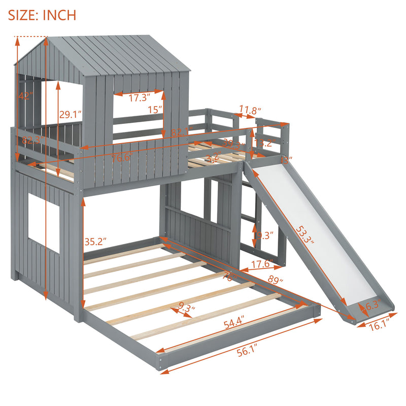 Loft Bunk Bed With Playhouse, Farmhouse, Ladder, Slide And Guardrails