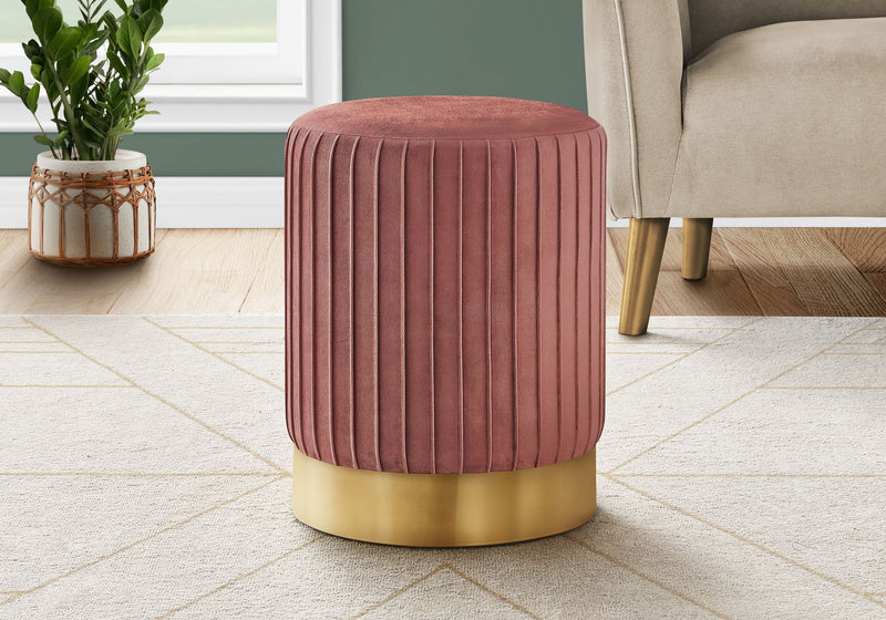 Ottoman, Pouf, Footrest, Foot Stool, Round, Velvet, Gold Metal Base, Contemporary, Modern - Pink