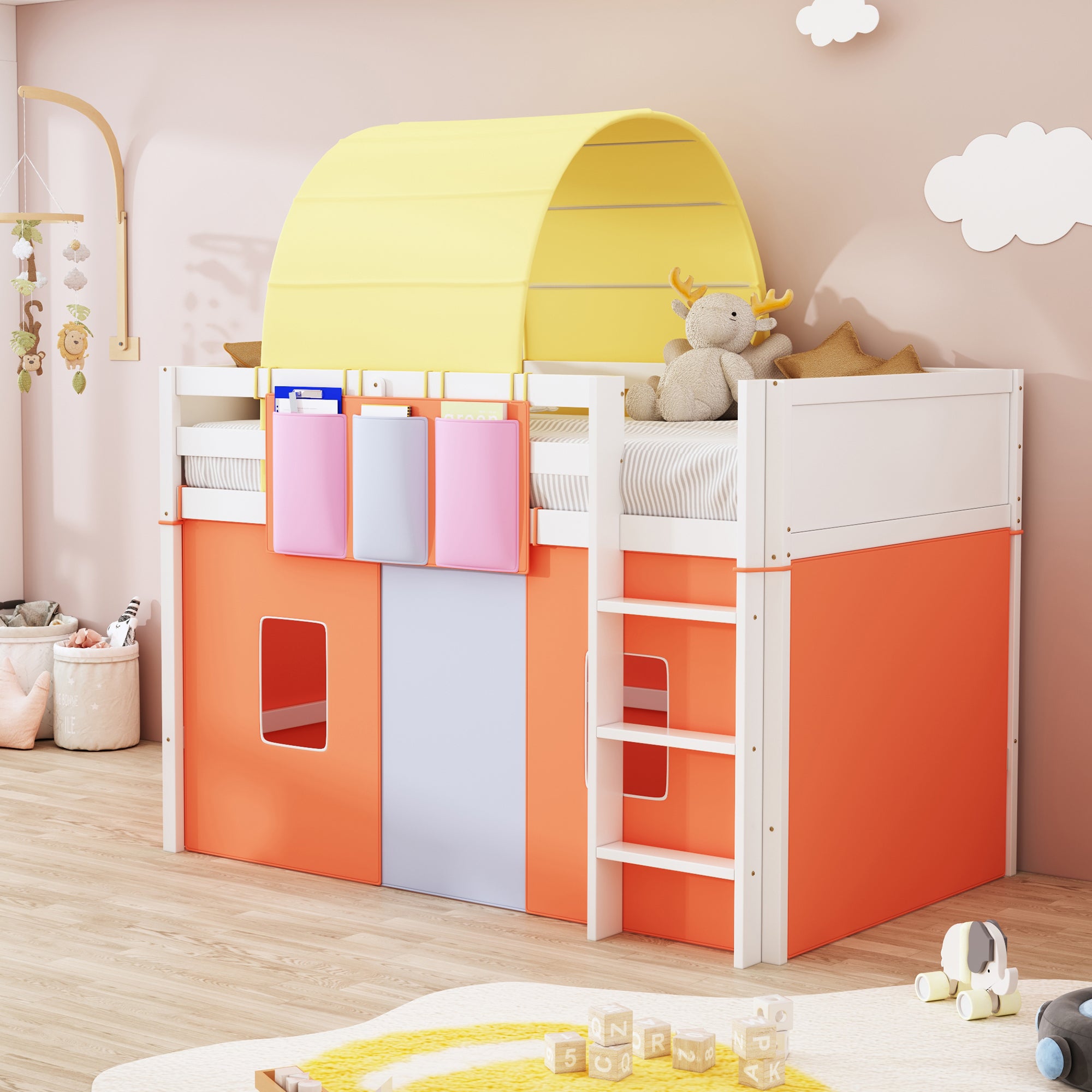 Twin Size Loft Bed with Tent and Tower  and  Three Pockets- Orange - Atlantic Fine Furniture Melbourne FL