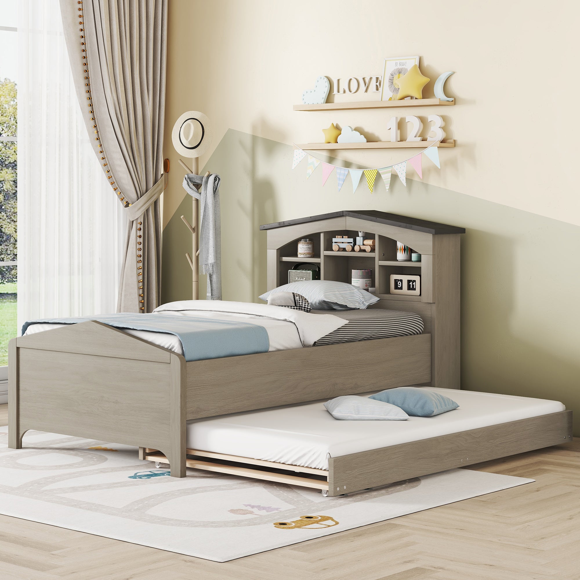 Twin Size Wood Platform Bed with House-shaped Storage Headboard and Trundle, Gray - Atlantic Fine Furniture Melbourne FL