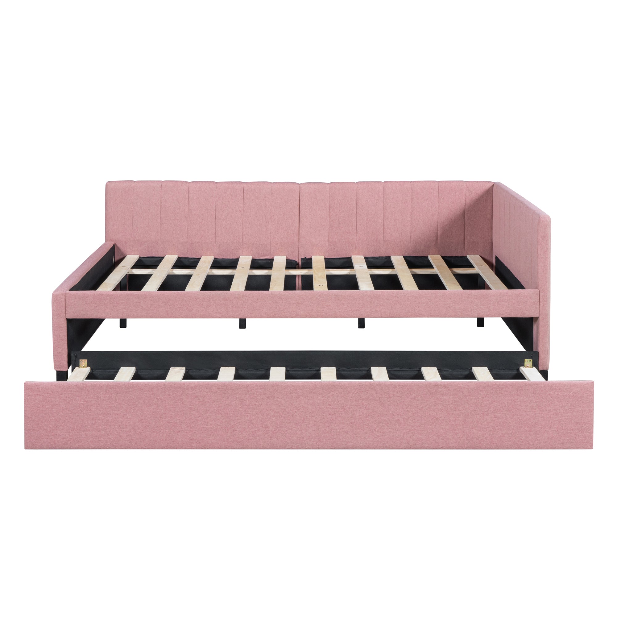 Full Size Upholstered Daybed with Trundle Sofa Bed Frame No Box Spring Needed, Linen Fabric(Pink) - Atlantic Fine Furniture Melbourne FL