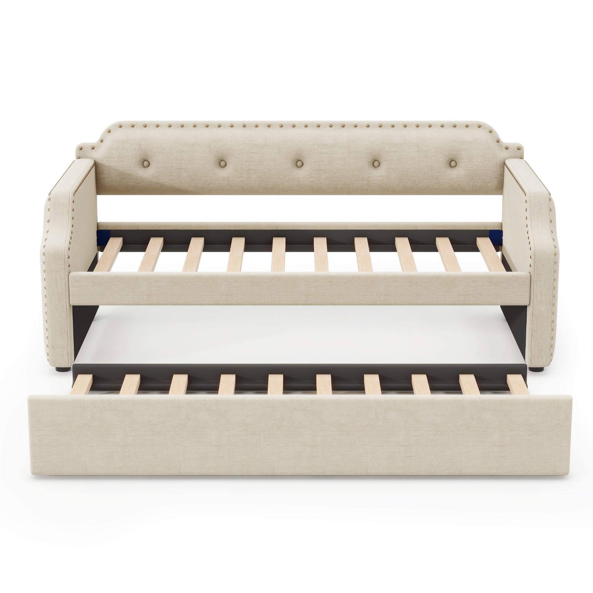Upholstered Daybed with Trundle, Wood Slat Support,Upholstered Frame Sofa Bed, Twin, Beige - Atlantic Fine Furniture Melbourne FL
