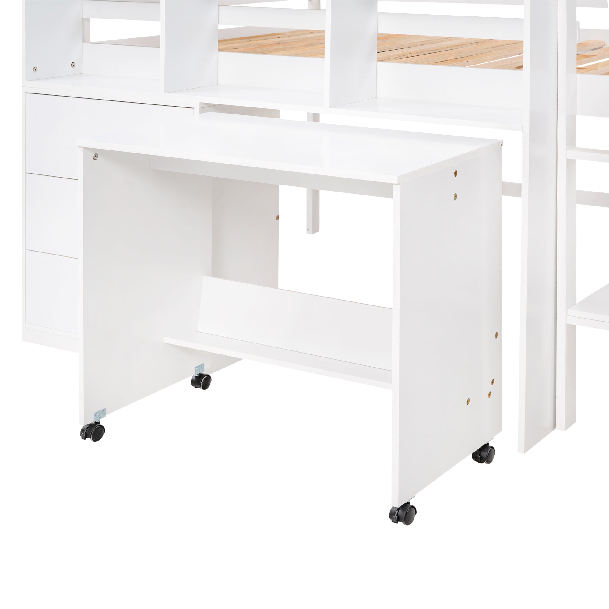 Full Size Low Loft Bed with Rolling Portable Desk, Drawers and Shelves, White(Old SKU: GX000711AAK)