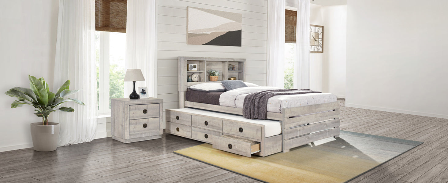 Farmhouse Style Twin Size Bookcase Captain Bed with Three Drawers and Trundle, Rustic White - Atlantic Fine Furniture Melbourne FL