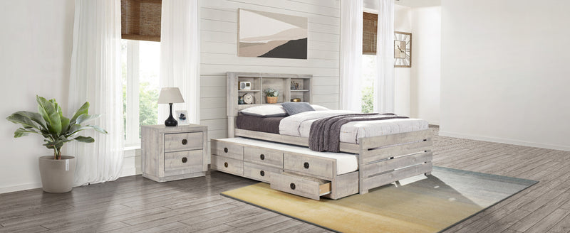 Farmhouse Style Twin Size Bookcase Captain Bed with Three Drawers and Trundle, Rustic White