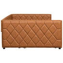 Upholstered Full Long Daybed With Trundle And LED Armrests - Brown