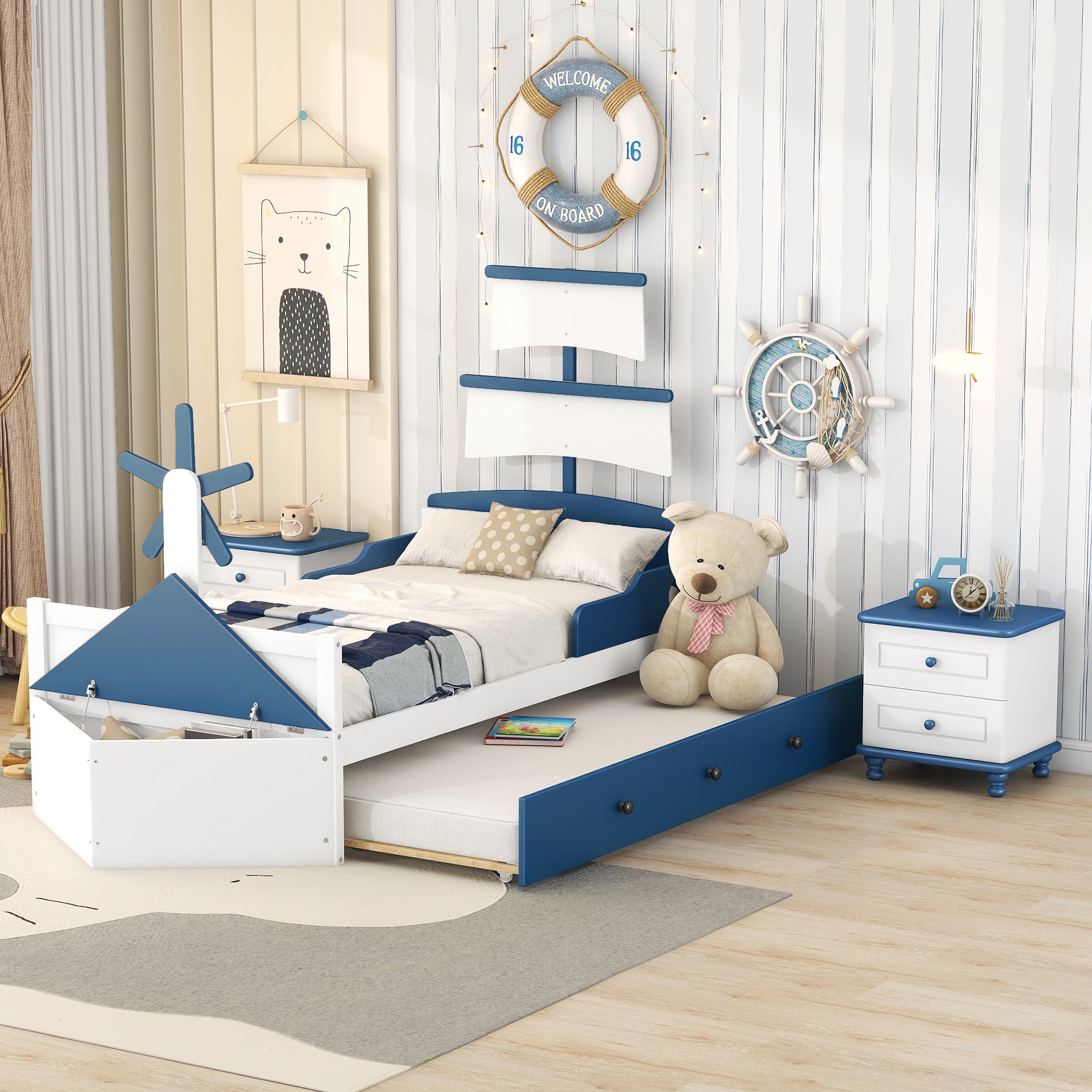 3-Pieces Bedroom Sets,Twin Size Boat-Shaped Platform Bed with  Trundle and Two Nightstands,White+Blue - Atlantic Fine Furniture Melbourne FL