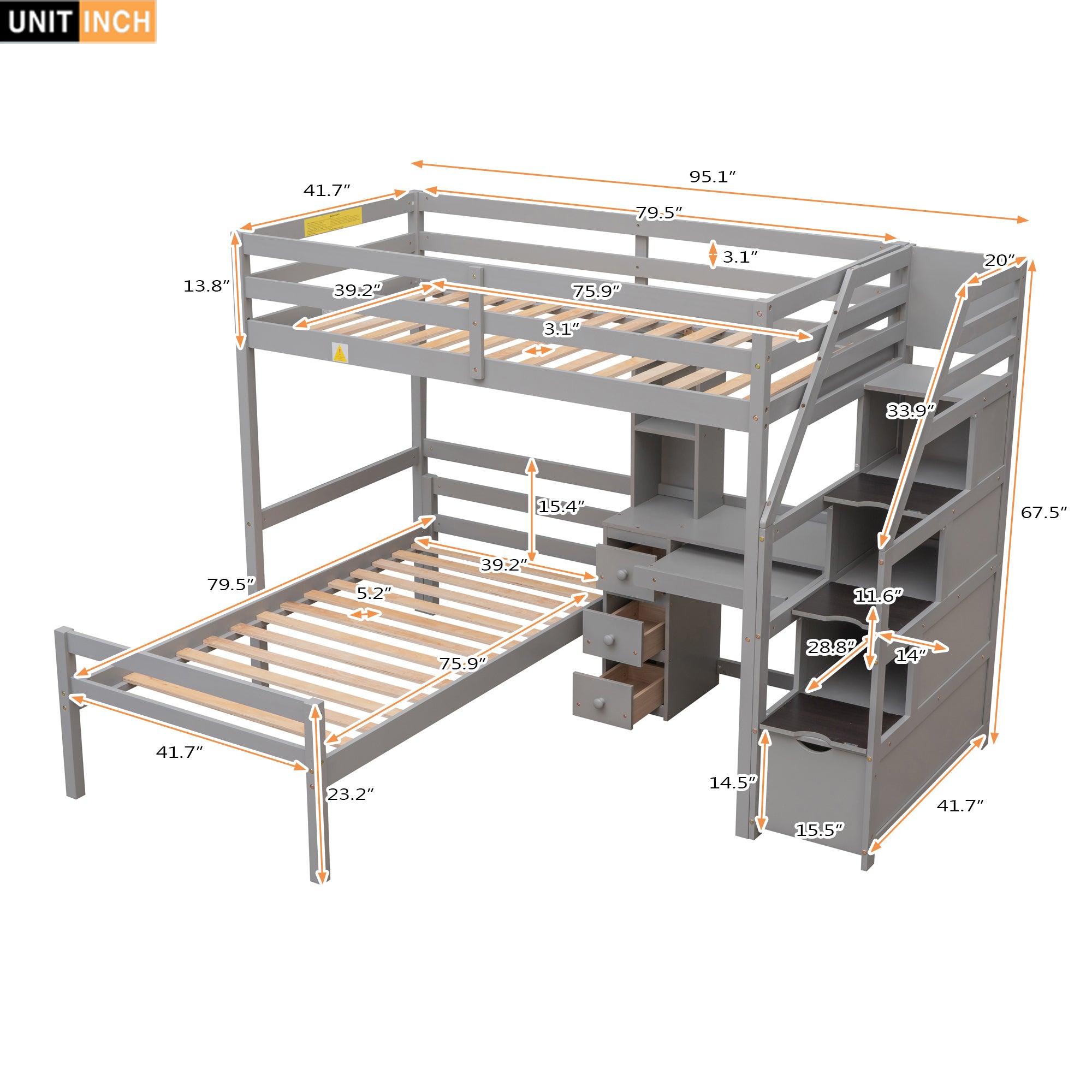 Twin Size Loft Bed with a Stand-alone Bed, Storage Staircase, Desk, Shelves and Drawers, Gray - Atlantic Fine Furniture Melbourne FL