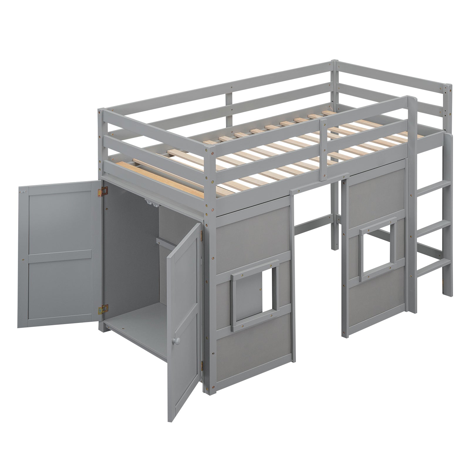 Wood Twin Size Loft Bed with Built-in Storage Wardrobe and 2 Windows, Gray - Atlantic Fine Furniture Melbourne FL