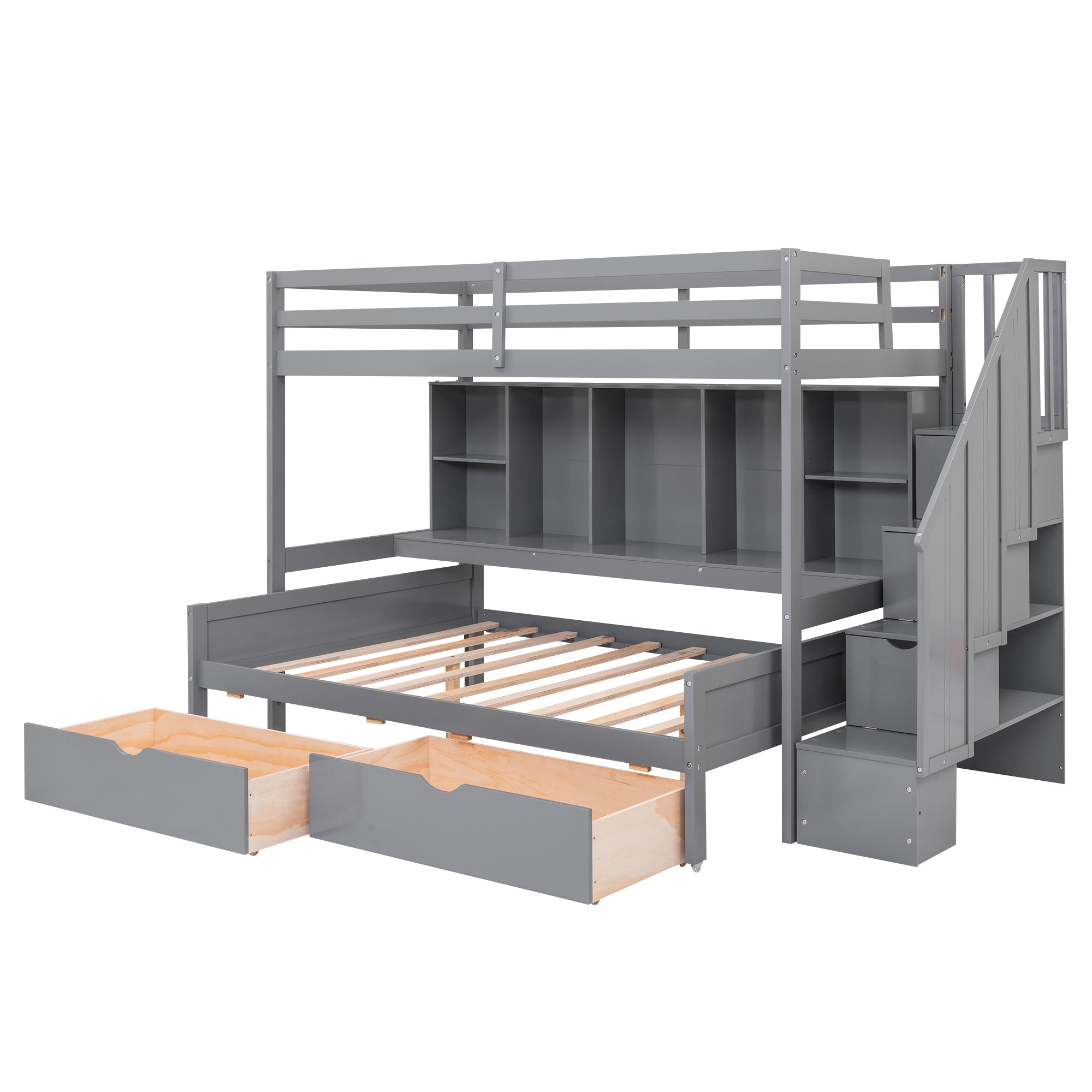 Twin XL over Full Bunk Bed with Built-in Storage Shelves, Drawers and Staircase,Gray - Atlantic Fine Furniture Melbourne FL