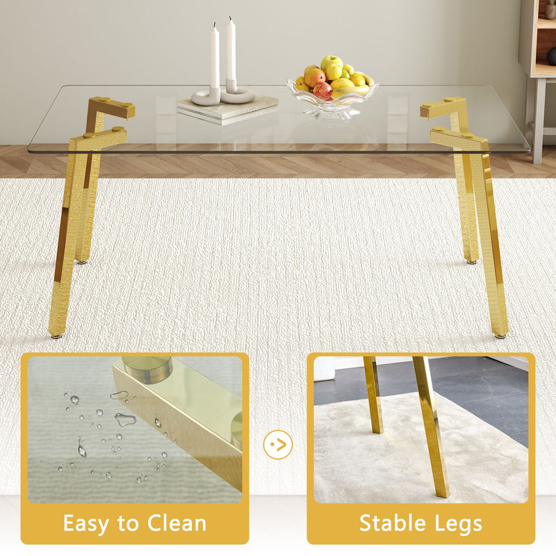 Minimalist Rectangular Dining Table With Transparent Glass Top And Metal Legs