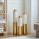 Modern Droplet Shaped Floor Vase Set Honeycomb Design, 3 Piece Metal Decorative Vases For Home Interior Display - Gold / White