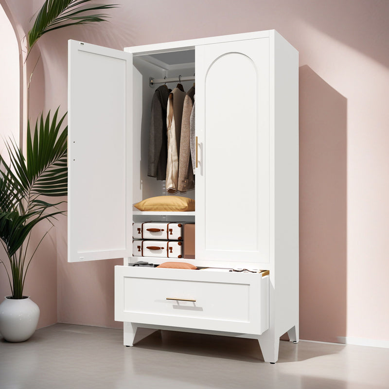 Wardrobe Cabinet With 1 Drawer And Hanging Rod, 2 Doors Closet With Shelf For Bedroom - White