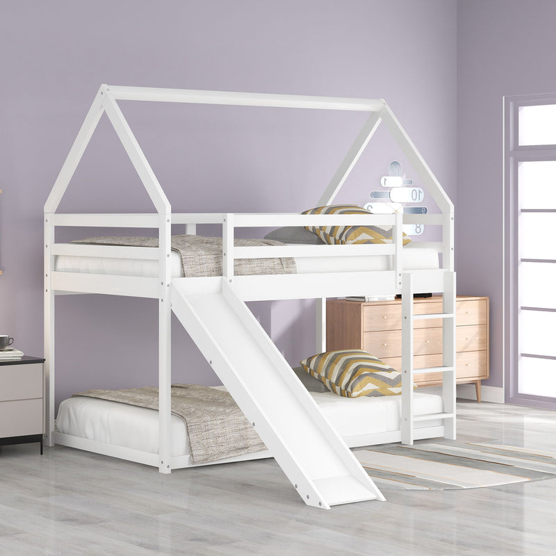 Twin Size Bunk House Bed With Slide And Ladder - White