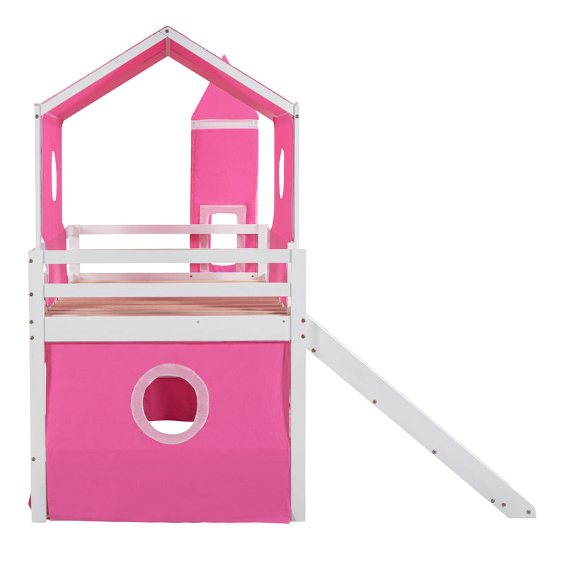 Twin Size Bunk Bed with Slide Pink Tent and Tower - Pink