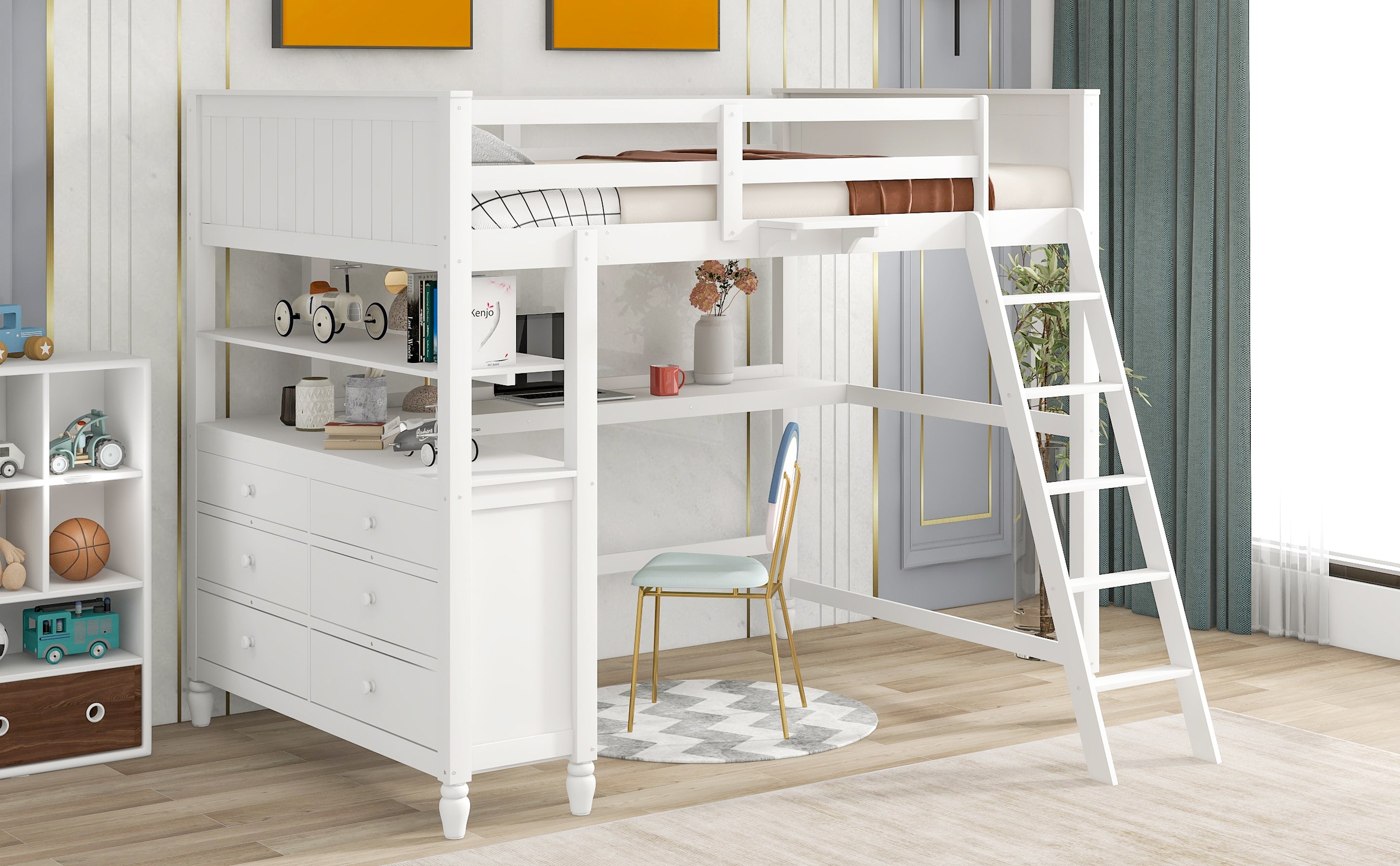 Full size Loft Bed with Drawers and Desk, Wooden Loft Bed with Shelves - White(OLD SKU:LT001529AAK) - Atlantic Fine Furniture Melbourne FL