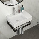 Wall Mounted Rectangular Bathroom Sink With Towel Bar And Faucet Hole - White