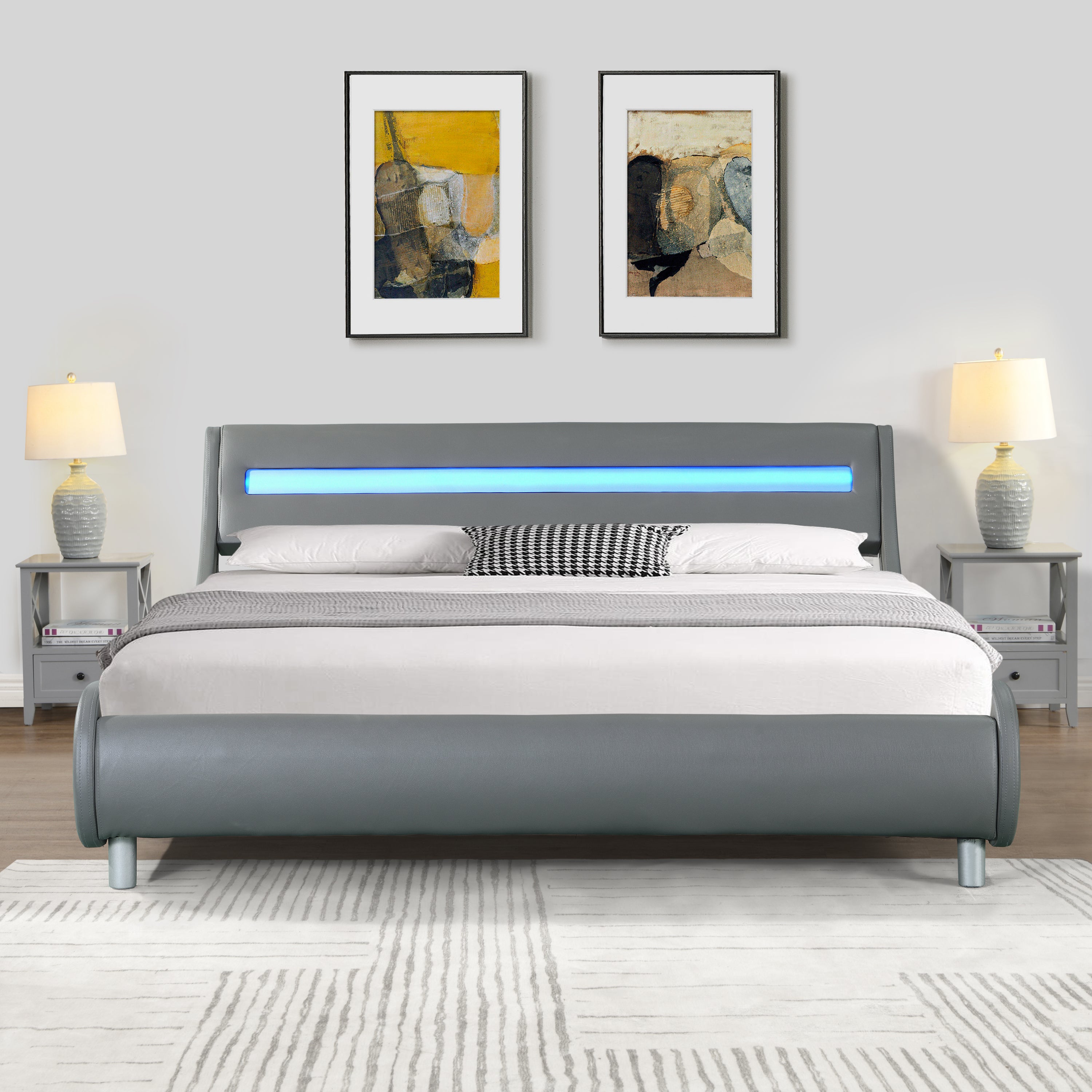 Faux Leather Upholstered Platform Bed Frame with led lighting , Curve Design, Wood Slat Support, No Box Spring Needed, Easy Assemble, Queen Size, Gray - Atlantic Fine Furniture Melbourne FL