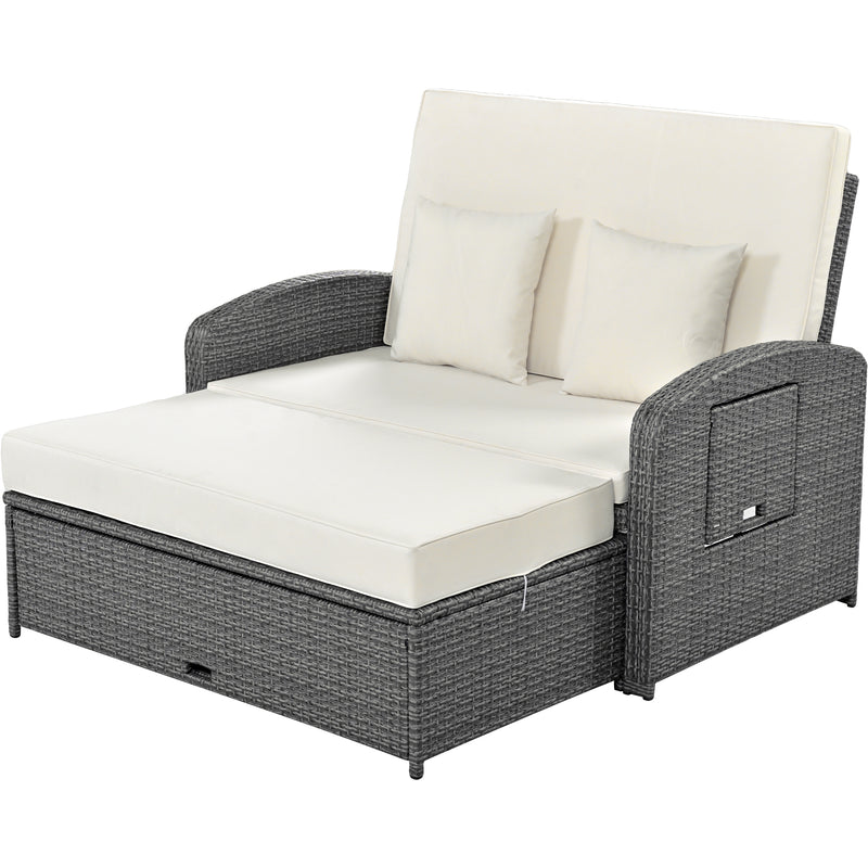 TOPMAX PE Wicker Rattan Double Chaise Lounge, 2-Person Reclining Daybed with Adjustable Back and Cushions, Free Furniture Protection Cover, White