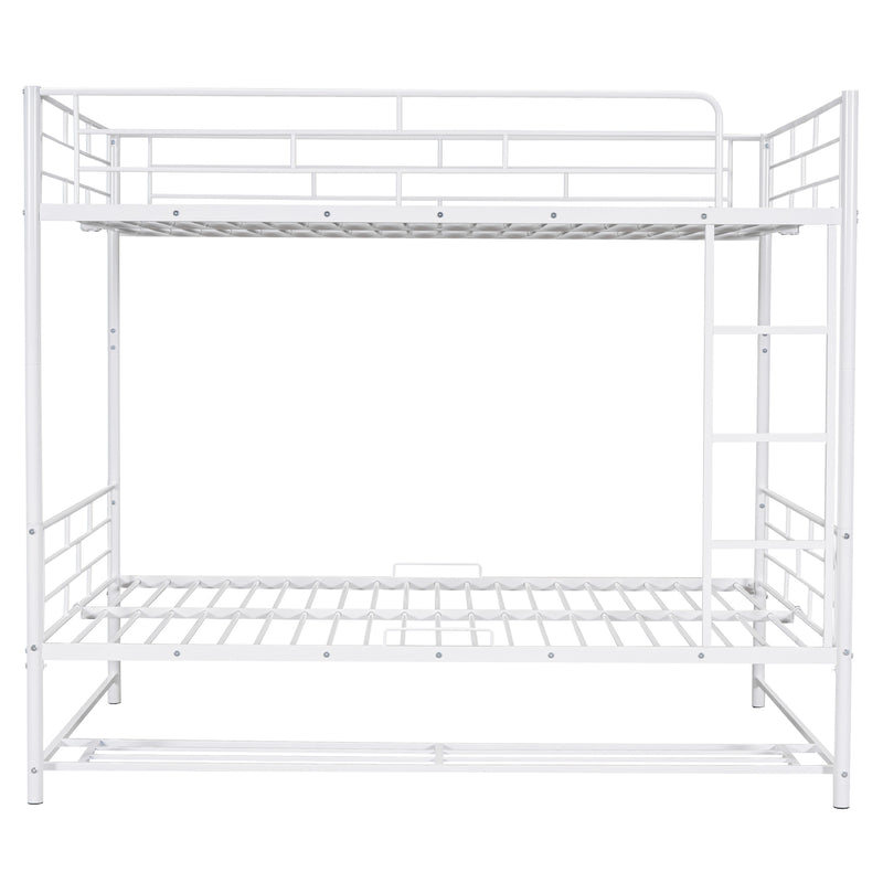 Full Over Full Metal Bunk Bed with Shelf and Guardrails, White