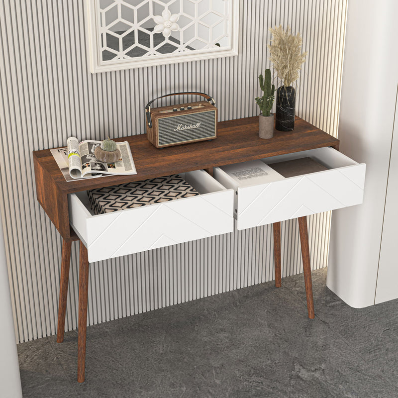 Rustic Entryway Console Table With Carved Panel Drawers And Wood Legs - Natural