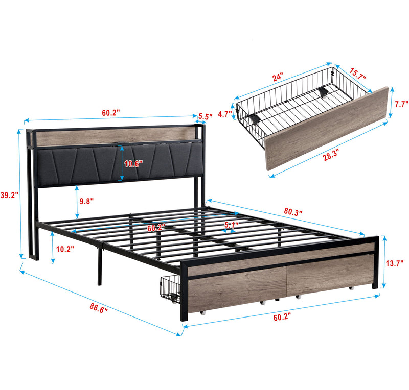 Metal Platform Bed Frame With Upholsteryolstery Storage Function Headboard And USB Liner And Footboard With Drawers, No Box Spring Needed, Large Under Bed Storage