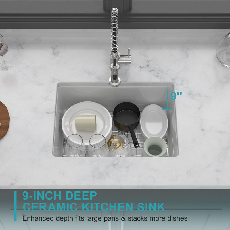 Rectangular Deep Single Bowl Kitchen Sink, Undermount Top Mount Porcela Stainless Steel Grid - White
