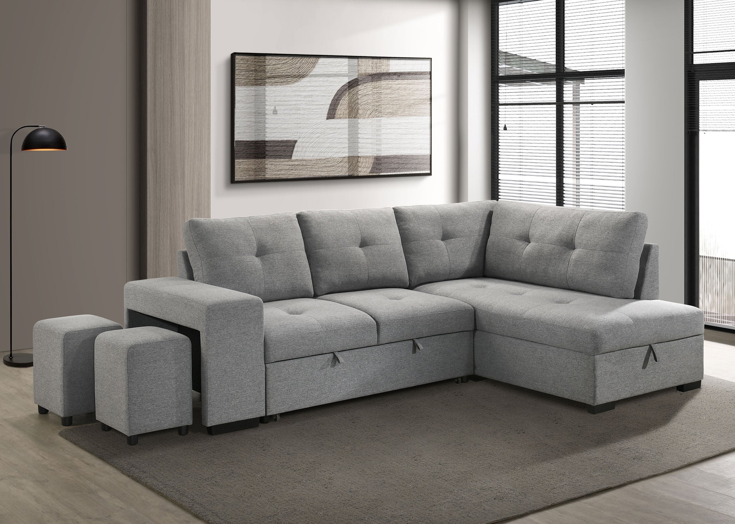 Roanne Fabric Upholstered Sleeper Sectional Sofa Grey — view 2