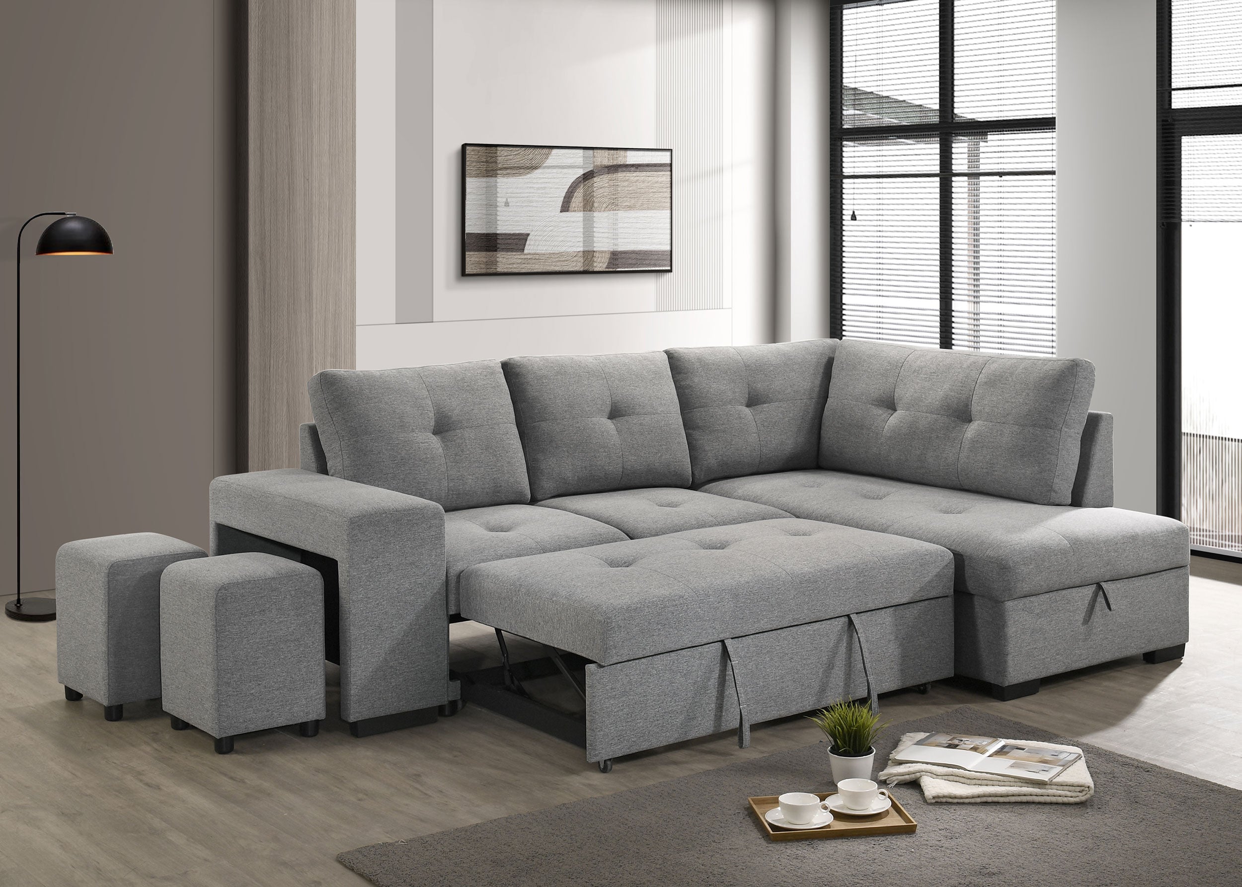 Roanne Fabric Upholstered Sleeper Sectional Sofa Grey — view 4