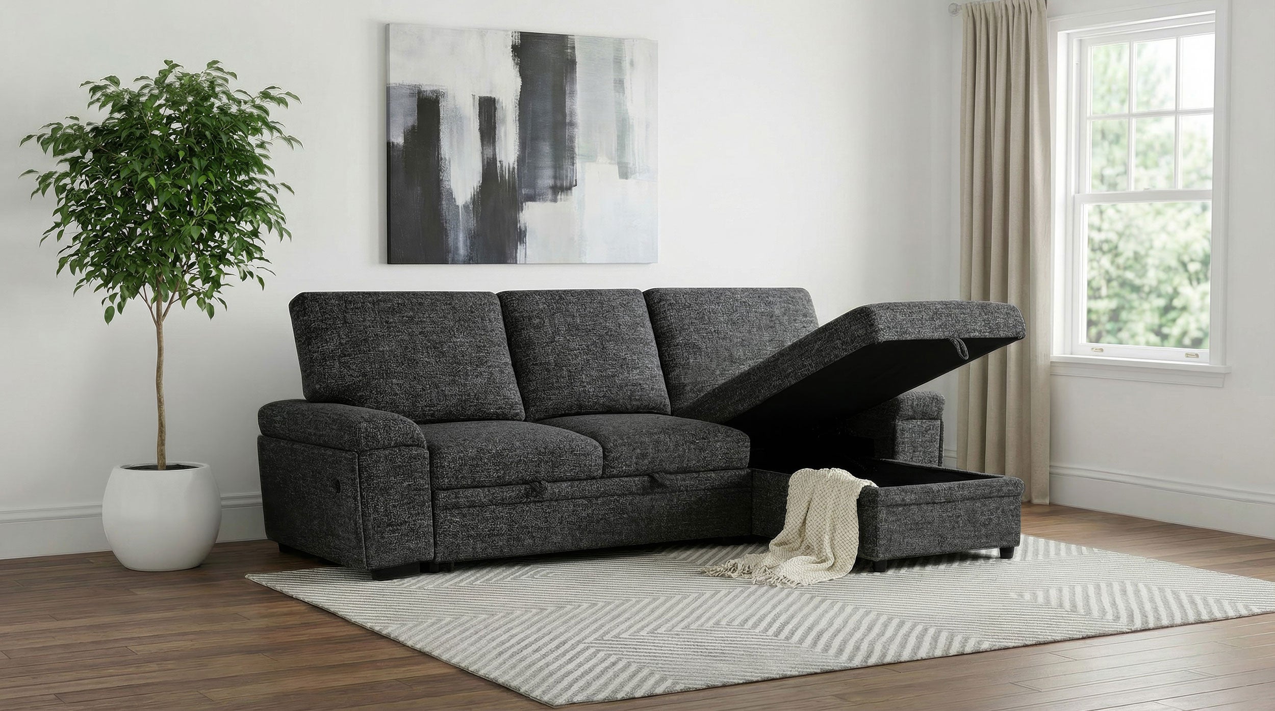 Demko Sleeper Sectional Sofa with Speaker and Storage Chaise Granite — view 3
