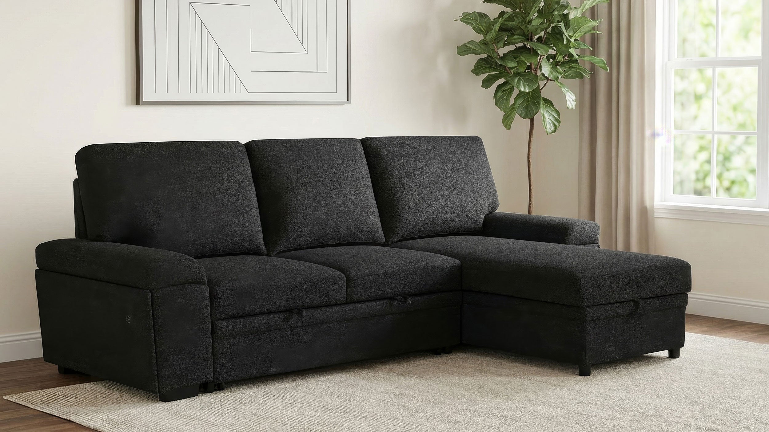 Demko Sleeper Sectional Sofa with Speaker and Storage Chaise Black — view 2