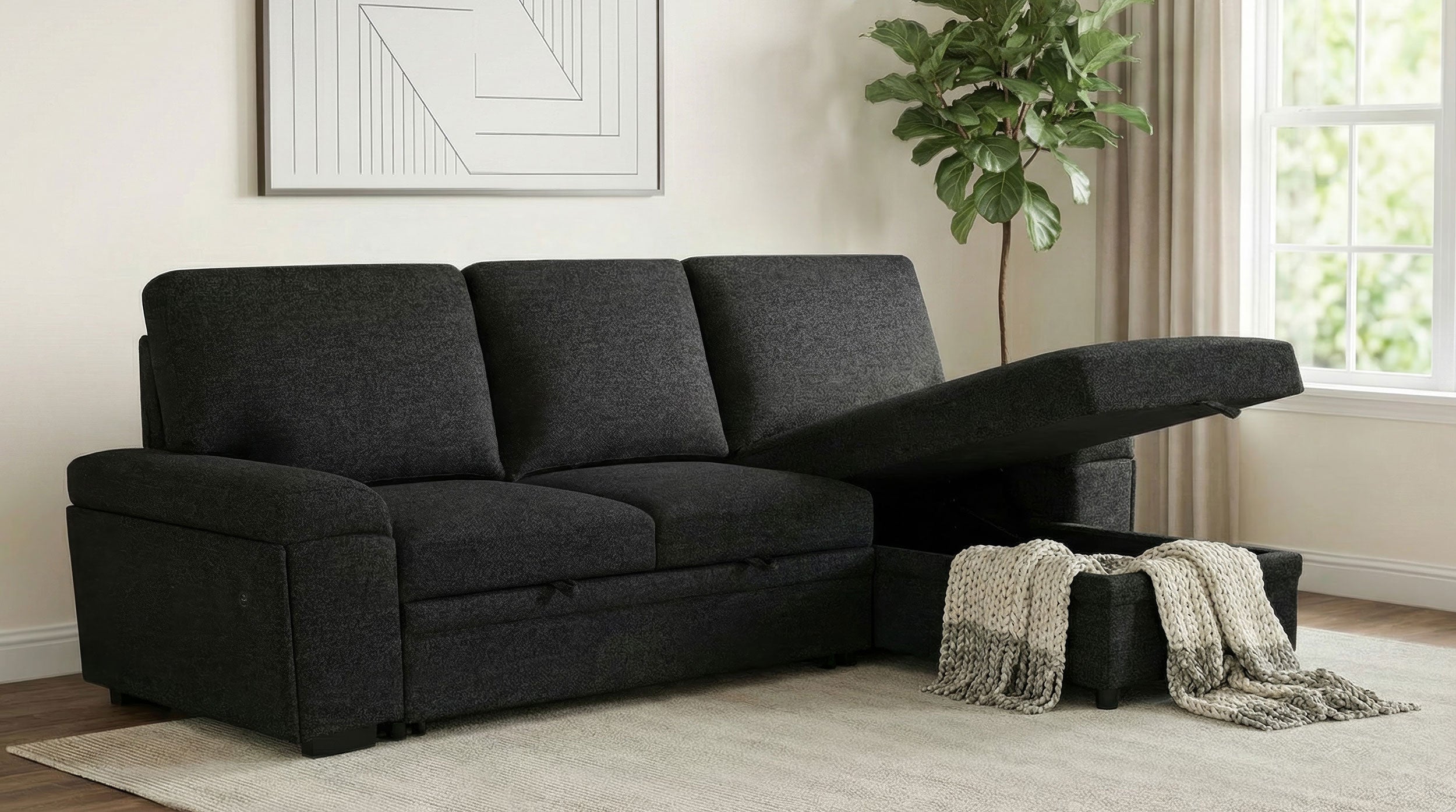 Demko Sleeper Sectional Sofa with Speaker and Storage Chaise Black — view 3