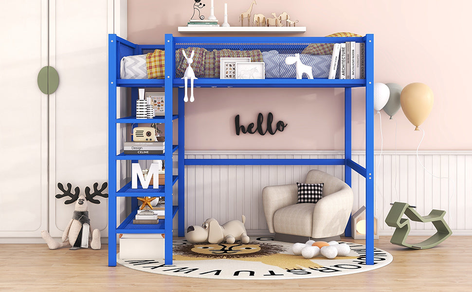 Full Size Metal Loft Bed with 4-Tier Shelves and Storage, Blue - Atlantic Fine Furniture Melbourne FL